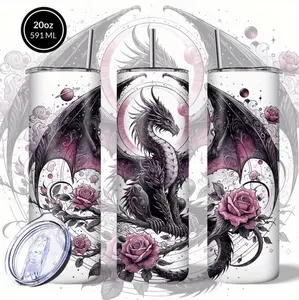Enchanting Dragon And Roses Design 20oz Stainless Steel Tumbler With Lid Straw Double Wall Insulated For Hot Cold Drinks Reusable Travel Mug Perfect Graduation Thanksgiving Christmas Gift