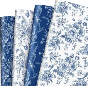 Blue Floral Wrapping Paper Blue White  Flower  Wrap Paper Bluk Folded Flat  Floral Art Paper for Wedding Birthday  Shower DIY Craft  Wrapping, 19.7 x 27.6 Inch, 8 Sheet
