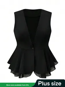 【Plus Size】 Solid Button Front Blazer Vest, Chic Casual Sleeveless V Neck Waistcoat for Summer, Women's Clothing for Daily Wear