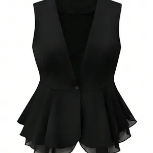 【Plus Size】 Solid Button Front Blazer Vest, Chic Casual Sleeveless Waistcoat for Summer, Women's Clothing for Daily Wear