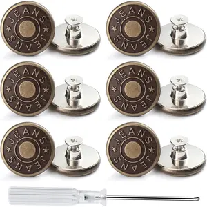 12 Sets Adjustable Buttons for Jeans, 20mm No Sew  Metal Buttons, Removable Jean Buttons Replacement Repair Kit with Threads Rivets and