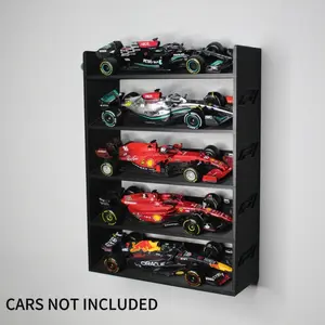 5 Car Angled 1:43 1/43 F1 Race Car Display Stand Black w Wall Mount Hole Hanging Shelf Storage Diorama Diecast Model Car Formula 1 Tilted Standing Organiser Racks Hook Hangable
