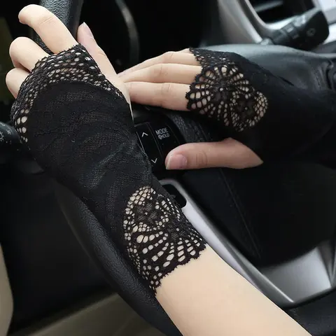 Women's Solid Color Textured Lace Gloves, Breathable Elastic Gloves for Women, Fashionable Gloves for Outdoor Activities