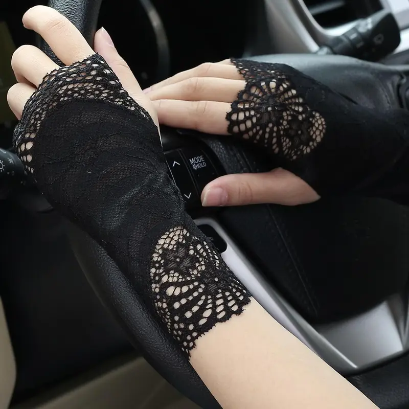 Women's Solid Color Textured Lace Gloves, Breathable Elastic Gloves for Women, Fashionable Gloves for Outdoor Activities