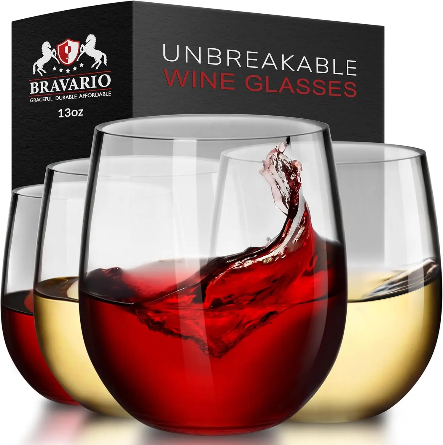 Bravario Unbreakable Stemless Plastic Wine Glasses | Reusable | Shatterproof 100% Tritan Plastic | Dishwasher-Safe | BPA-free | Awesome for Indoor & Outdoor | 13 oz, Set of 4 Gift