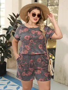 Women's Plus Size Multicolor Print Romper, Short Sleeve Summer Casual Romper with Pockets, Comfortable, Fashionable, Ideal for Daily Wear, Womenswear, Everyday