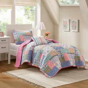 Twin/Twin XL Pink Floral Patchwork Quilt Set Reversible Teen Girls Lightweight Boho Bedding Coverlet with Sham & Decorative Pillow