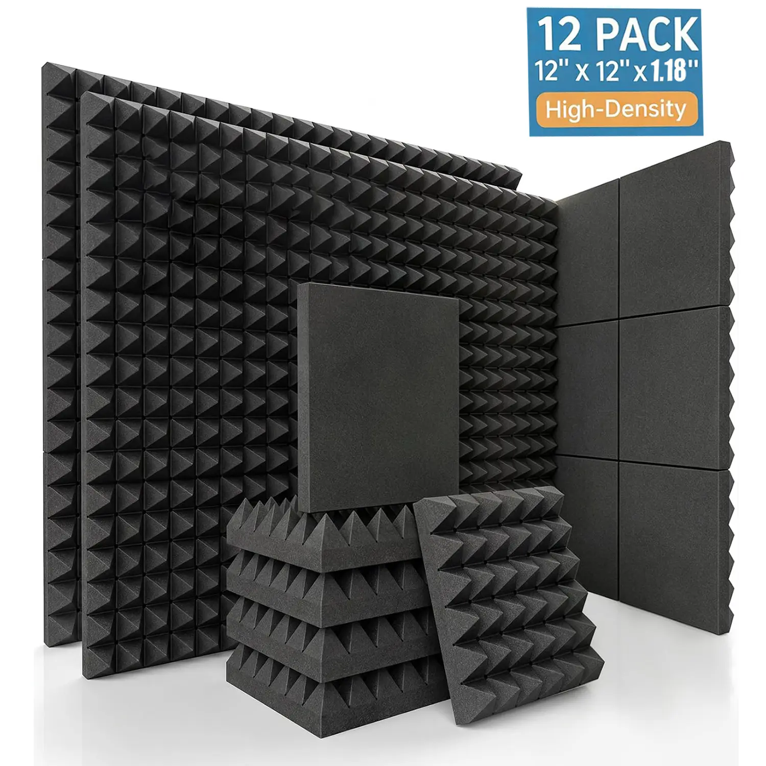 12 Pack Acoustic Panels 12 x 12 x 1.18 Inch Soundproof Foam Panels, Pyramid Sound Proof Foam Panels for Wall, High Density Black Acoustic Foam Panels,Soundproof Wall Panels