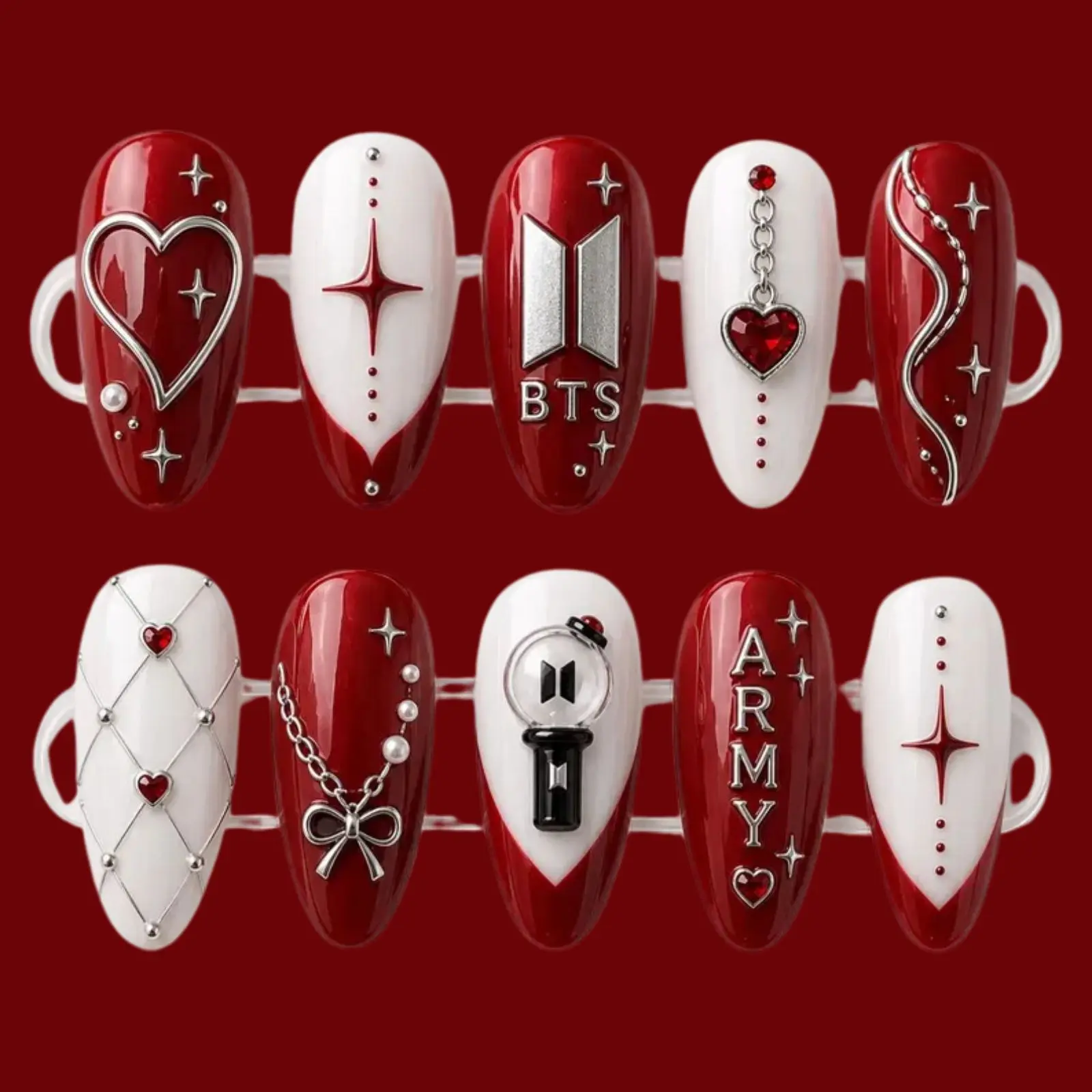 Red Heart Kpop Concert Nails | BST Fandom Inspired Press On Nails | Lightstick & Logo Handmade Almond Fake Nails | Fan Gift