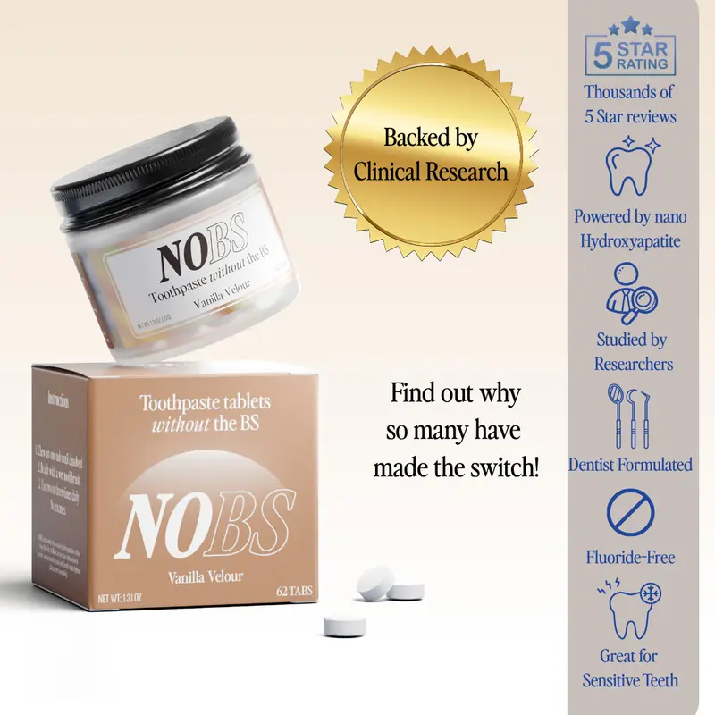 NOBS Toothpaste Tablets (Vanilla Velour) Fluoride-Free Oral Care - Nano Hydroxyapatite - Remineralizing - No Plastic