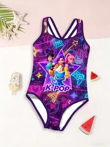 Girls' Neon Graffiti Style Jumpsuit, K-Pop Girl with Blue Cat Print, Deep Trim, Summer Vacation Swimwear, Fitted All over Print