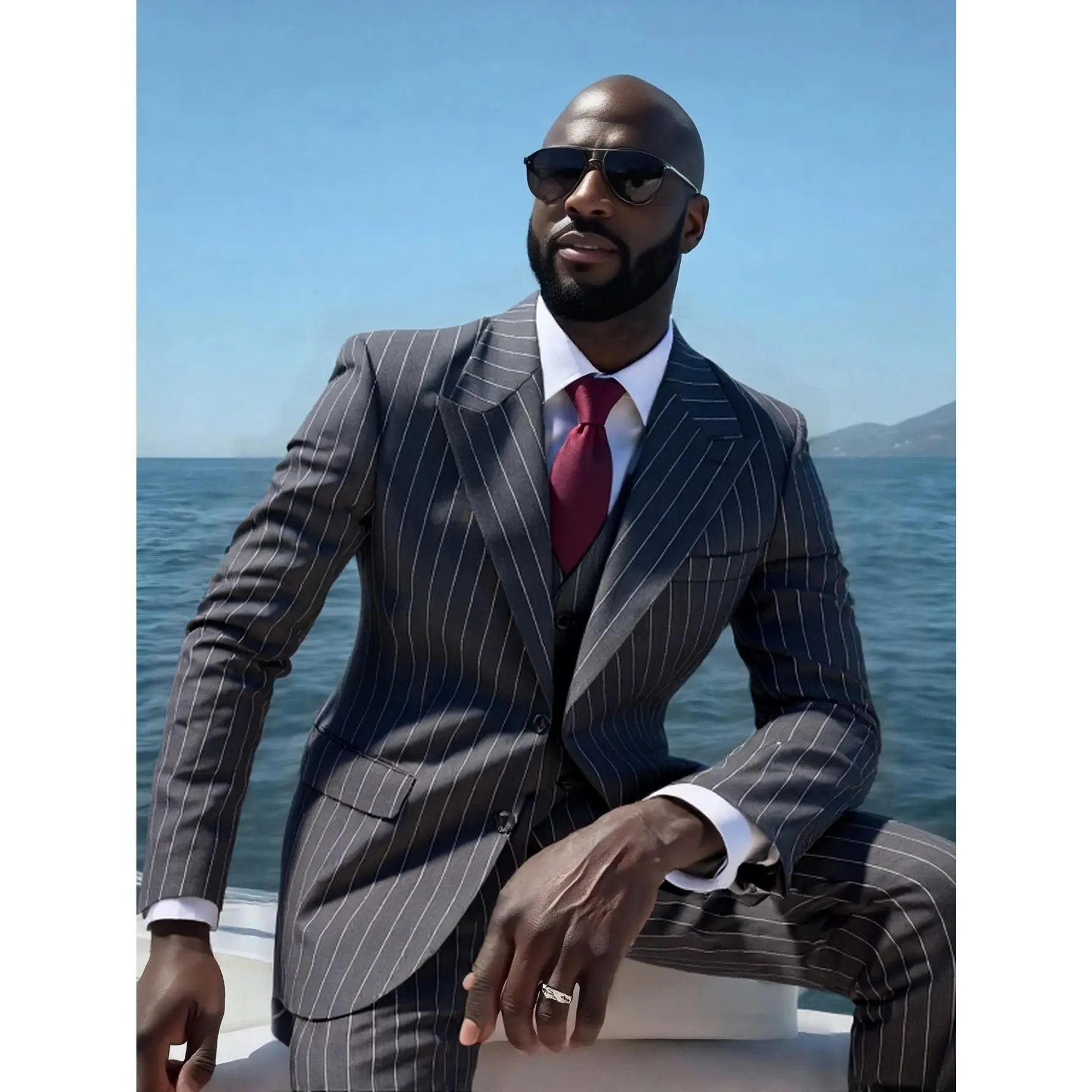 Men's 3-Piece Formal Wear Suit Set - Long Sleeve Peak Lapel Stripe Blazer, Vest, Pocket Dress Pants for Wedding, Formal Events | Menswear Jacket