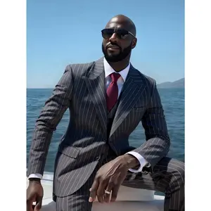 Men's 3 Piece Suit Set | Classic Tuxedo Peak Lapel Stripe Blazer, Vest & Dress Pants for Wedding, Formal Events