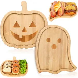 Whaline 2Pcs Halloween Charcuterie Board Pumpkin Ghost Serving Trays Bamboo Cheese Platter Tray Appetizer Boards Party Serving Platters for Home Party Dinnerware Supplies