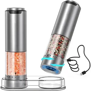 Rechargeable Electric Salt and Pepper  Set with Base, Stainless Steel Pepper Mills with 95ml Container, White LED Light and External Adjustable Coarseness,