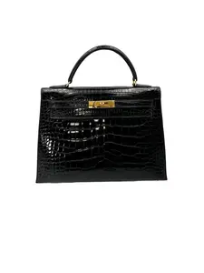 Pre-owned HERMÈS leather Tote Bags Hermes Kelly32 Black Shiny Crocodile Top Handle Bag With Gold Hardware HR117