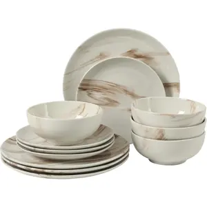 Cloudlight 12 Piece and Dishes Brown and White - Decorated Porcelain Dinnerware Set - Service for 4