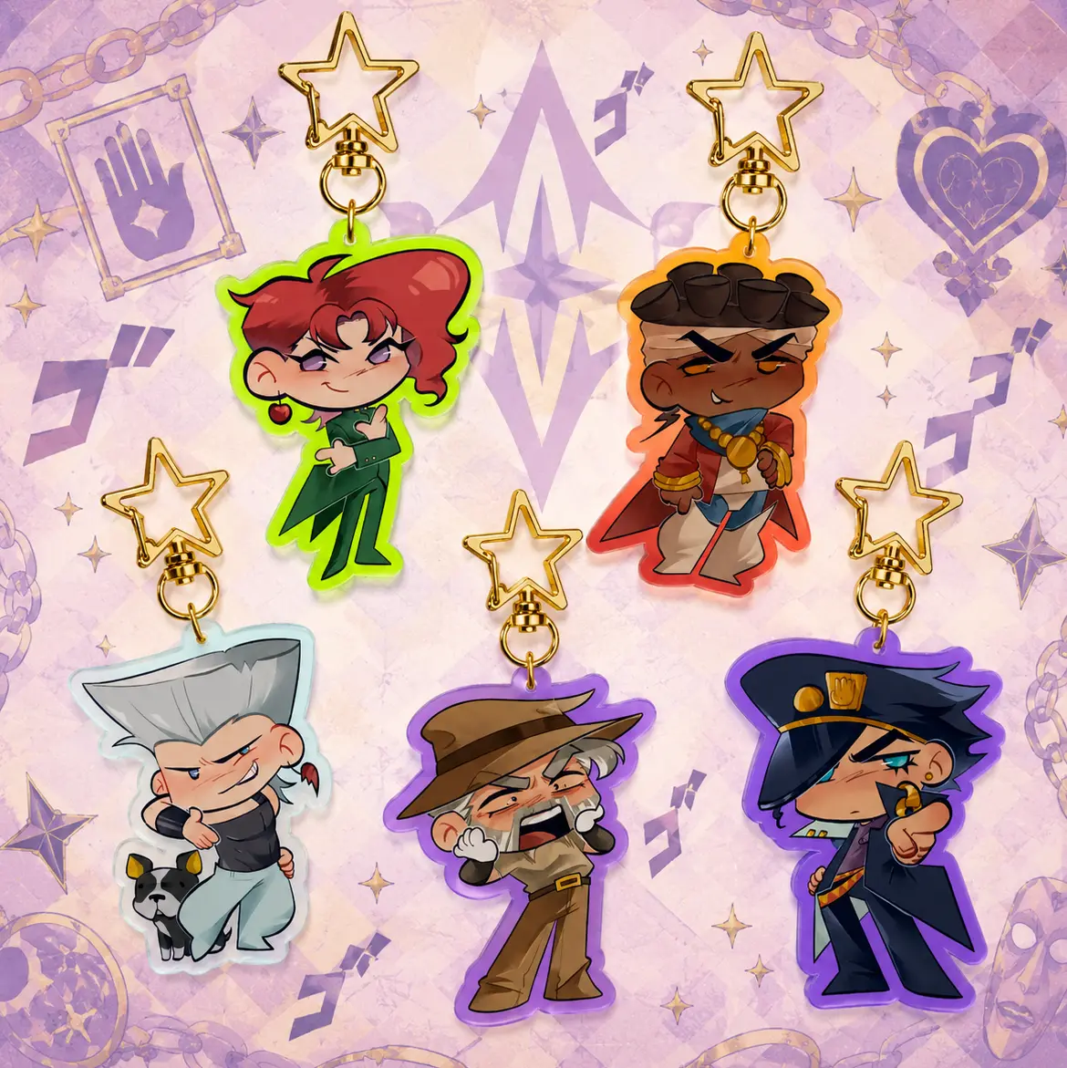 JoJo’s Bizarre Adventure Keychain - Jotaro Kujo, Joseph Joestar, Jean Pierre Polnareff, Mohammed Avdol, Noriaki Kakyoin Acrylic Charms