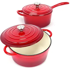 Enameled Cast Iron Cookware Set - 2 PC Set of 5.5QT Dutch Ovens, 2QT Sauce Pan, Dutch Oven Set, Ceramic Coated Cast Iron, Heavy Duty, Gas/Induction Compatible,Red