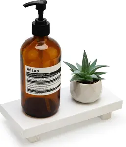 White Bathroom Counter Tray Organizer Small Wooden Risers Pedestal Stand Kitchen Soap Dish Dispenser Holder for Bathroom Counter Decor Farmhouse  Bathroom Sink Accessories Modern Vanity Tray