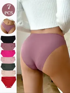 Women's Seamless Triangle Panties Set, Elegant Mid-Waist Casual Basic Lace Patchwork Underwear, 7 Pcs Multi-Color Fitted Plain Design, All Seasons