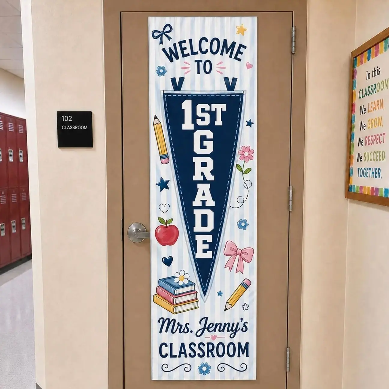 Linen Door Tapestry, Custom Teacher Name and Grade Classroom Pennant Welcome Banner