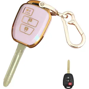for Toyota Key Fob Cover Smart Key with Keychain Fits for Toyota Camry Corolla Rav4 Tacoma Highlander Avalon Venza (3-Button-Pink)