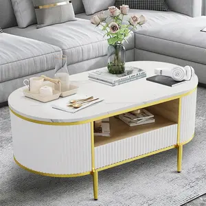 Garvee Modern Fluted Coffee Table, 48'' Oval with Faux Marble Top, Drawer Storage, Curved Profile, Gold Metal Decor, Stylish Center Table for Living Room, White Finish