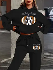 Women's Hooded Sweatshirt Set, Fall Winter Warm, Team Name American Football Player Print, Vintage Sports Style, Street Casual Fit