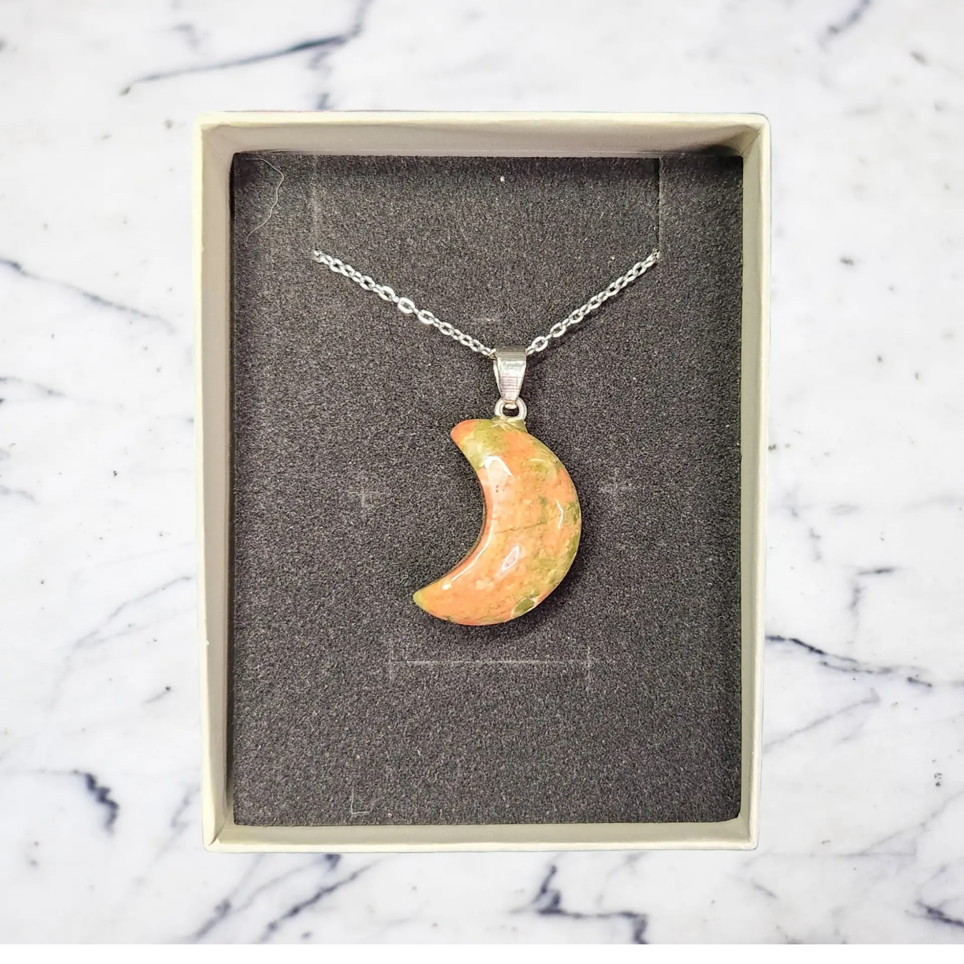 Unakite moon crystal necklace on stainless steel chain
