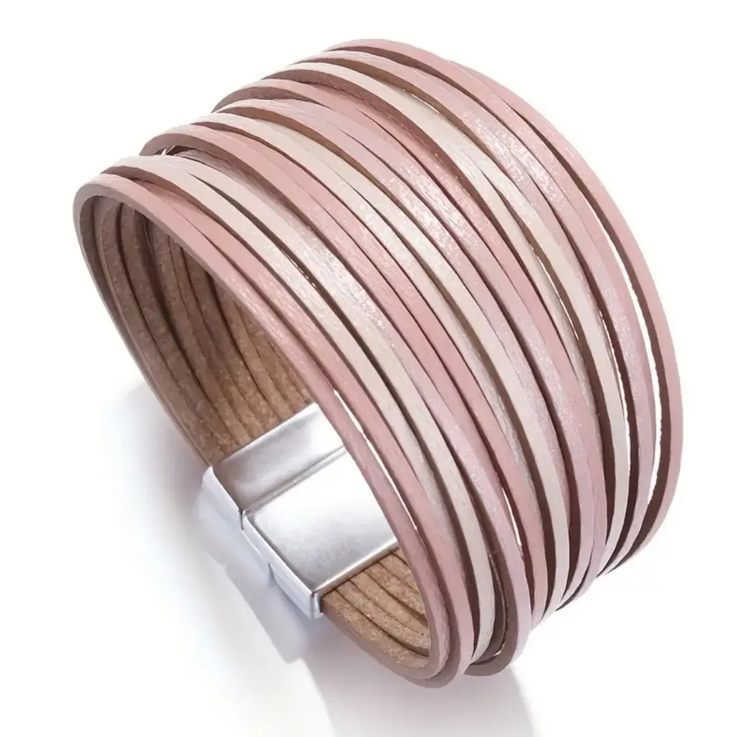 Boho Leather Bracelet for Women - Multilayer Wide Wrap with Magnetic Closure Stylish Design Durable Leather Accessory