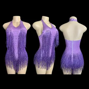 Sparkly Rhinestones Fringe Bodysuit WomenVightclub Party Dance Costume Stage Wear SexyTassel Leotard Performance Clothing 7G