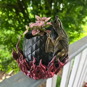 Dragon Egg Planter with Flame Base | Fantasy Pot with Drainage Holes | Unique Watering Dragon Mouth | Gothic Home Decor | Gift
