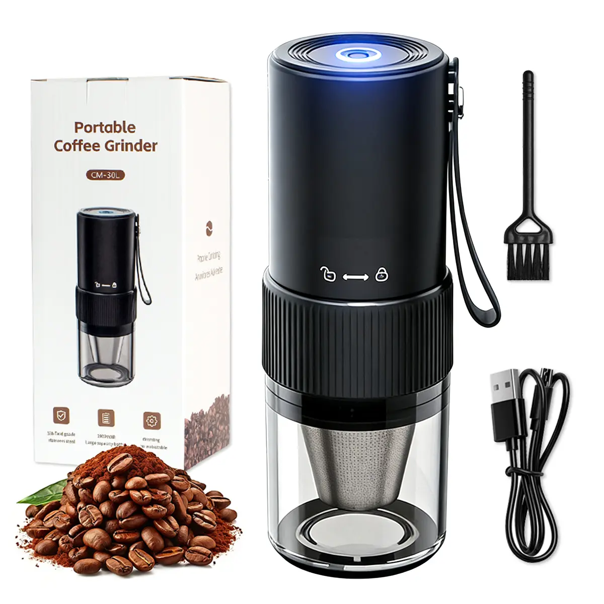 REDROOK Coffee Machine Portable Electric Coffee Grinder, Ceramic Burr, Adjustable Grind, USB Rechargeable, Easy One-Touch Use with Built-in Filter, Great for Home, Office or Travel