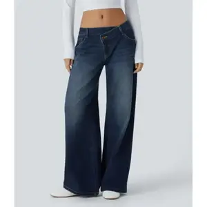 Asymmetric Low Rise Zipper Pockets Baggy Wide Leg Washed Casual Jeans#2025#fall#fallfasion Can be used with a raincoat