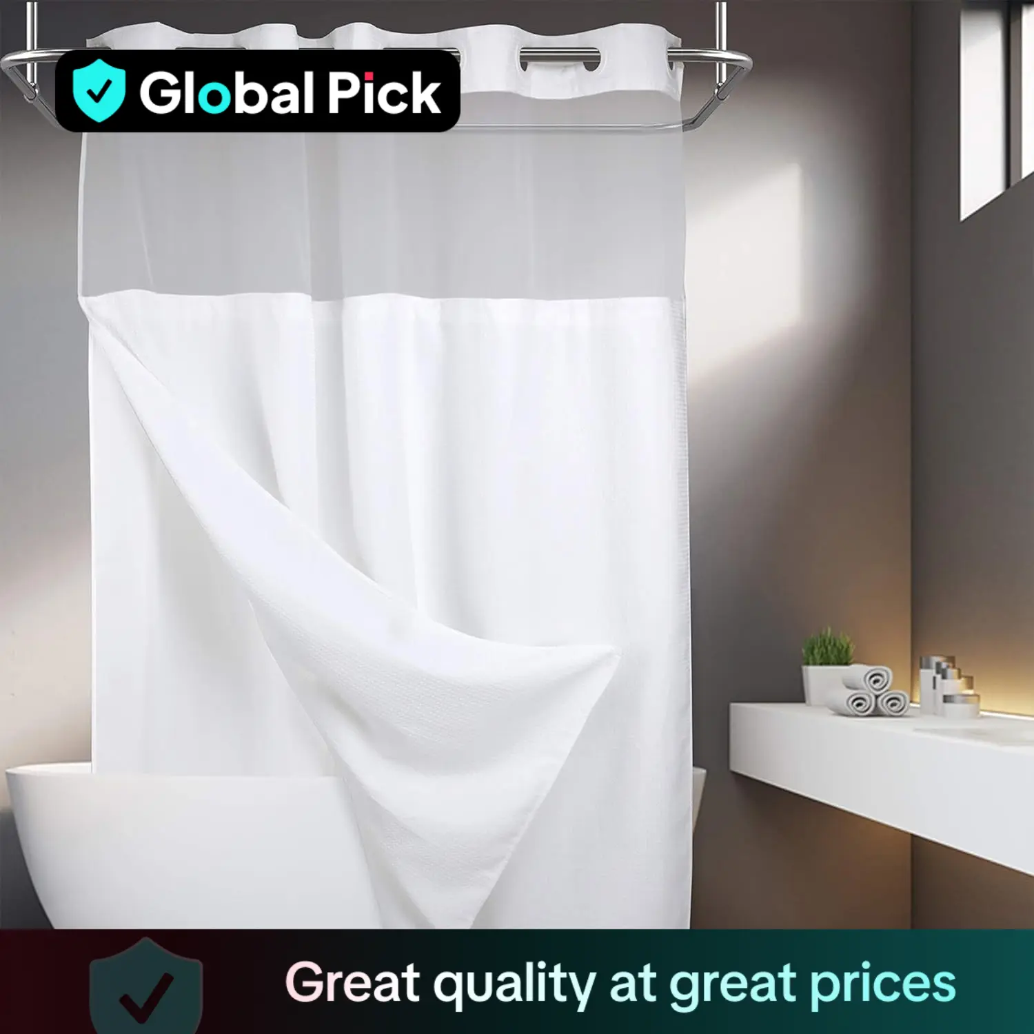 Waffle Pattern Shower Curtain, 1 Count Double Layer Waterproof Shower Curtain, Removable Shower Curtain with Snaps, Bathroom Supplies