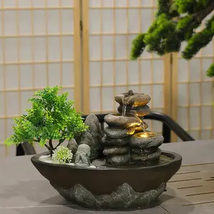 Tankana Zen Pebble Indoor/Outdoor Tabletop Fountain 8.9 Inches Tall Resin Material With Hill Tree LED Lights Water Pump For Holiday Living Room Tea Decoration