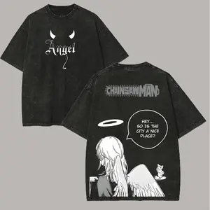 Men's Chainsaw Man Angel Devil Printed Unisex Round Neck Short-Sleeve Washed T-Shirt, Casual Everyday Fit Top 62