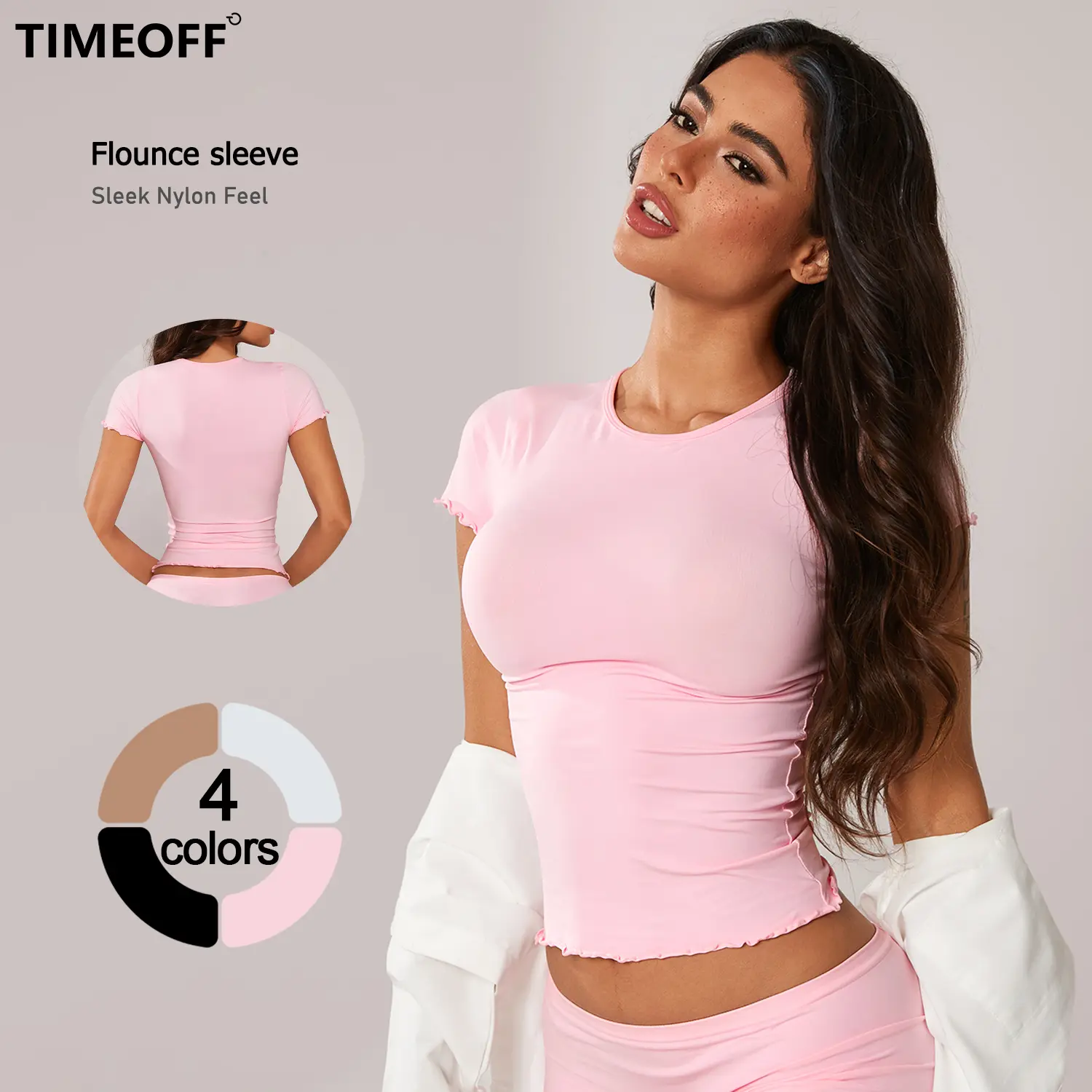 TIMEOFF Form Fitting Crop T Shirt | Flounce Short Sleeve Nylon Soft Slim Top, Smooth Stretchy Fabric Hide Body Flaws, Daily Casual Loungewear Workout Club Streetwear Outfit