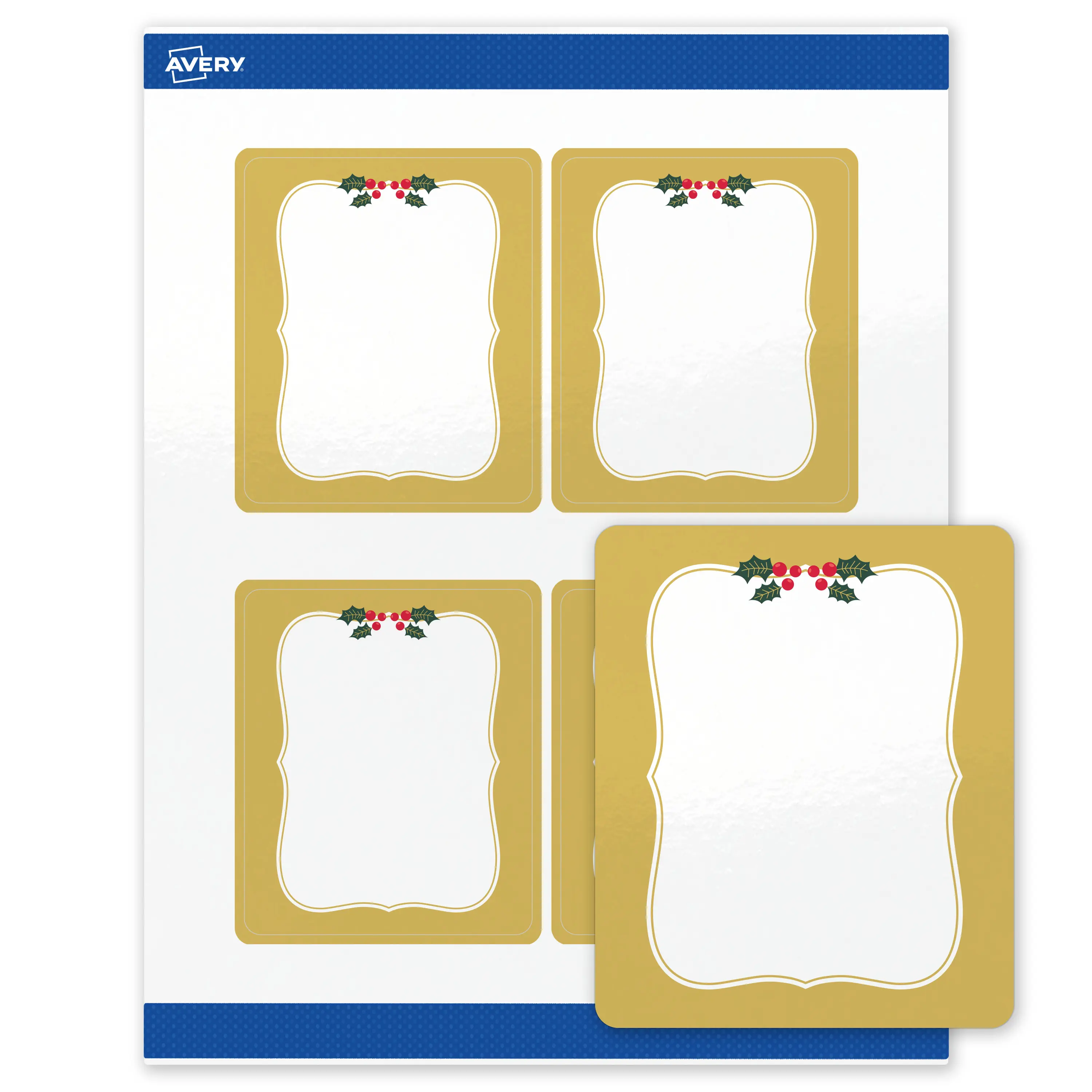 Avery® Printable Christmas Labels with Sure Feed® Technology, Rectangle, 4" x 3-1/3", Pre-Printed Metallic Gold Border with Holly Design, Glossy White, Laser & Inkjet Compatible, 40 Total