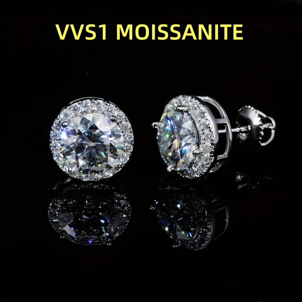 A Pair of 2-Carat VVS1 moissanite Earrings - Mature Style, 925 Sterling Silver Earrings, Suitable for Men And Women'S Natural Round Cut Imitation Faux Faux Gemstones