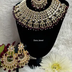 Dora Jewel Bridal Kundan Necklace Tikka and Earrings Set with Beads Gold-Tone and Purple Beads Traditional Jewelry Set