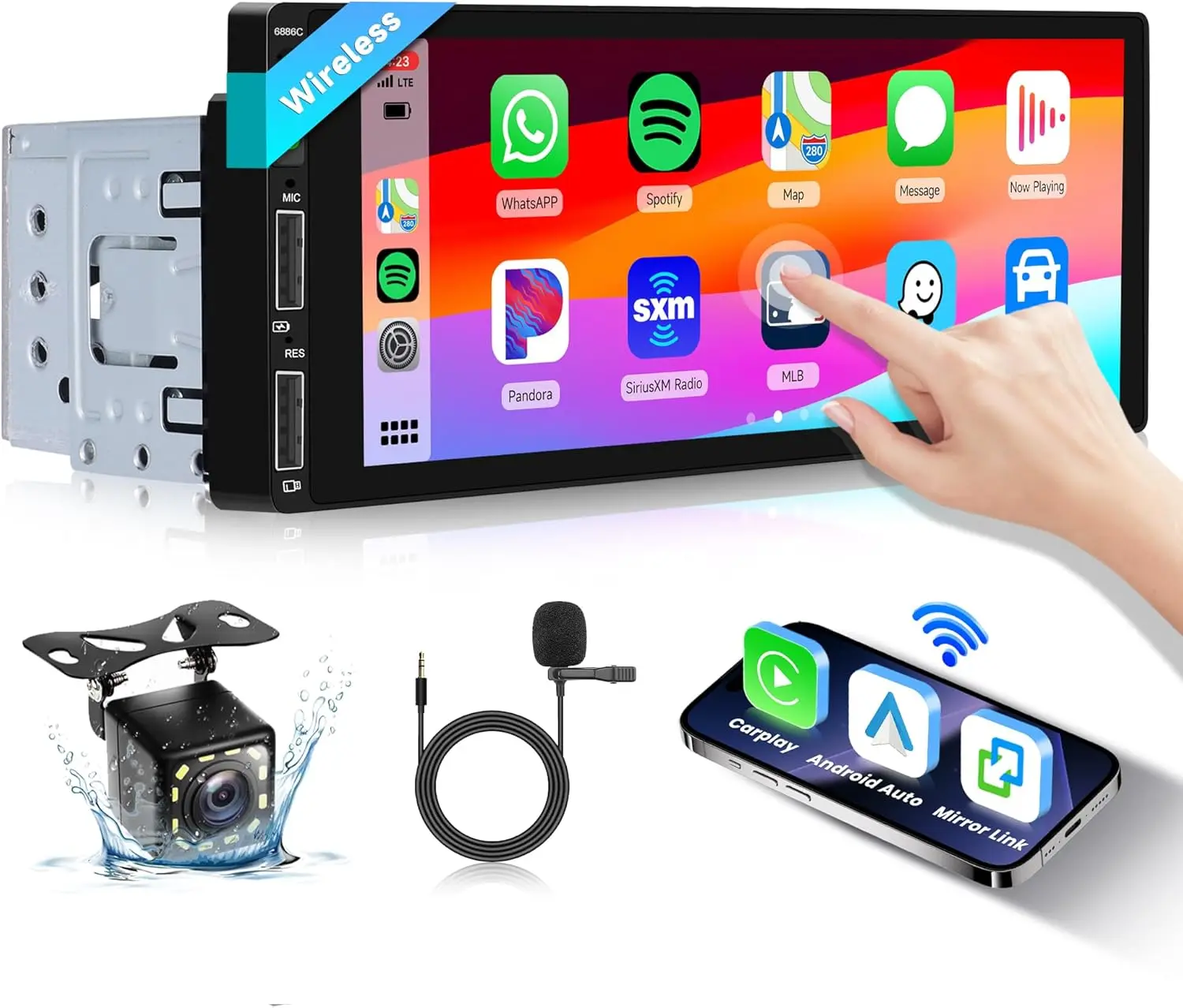 6.9 Inch Single Din Wireless Carplay Car Stereo with Camera , HD Touch Screen Car Radio with Android Auto Bluetooth 5.0 Support Android Auto Mirror Link FM EQ SWC, Car Audio Receiver with USB/SWC/MIC/AUX-in,Summer Vibes