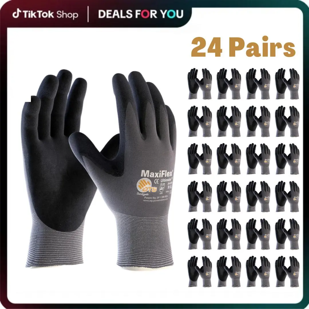 6 - 12 - 24 Pairs MaxiFlex Work Gloves – Guantes Para Trabajo MaxiFlex – Micro-Foam Nitrile Coated – Breathable, Durable, Anti-Slip for Construction, Gardening