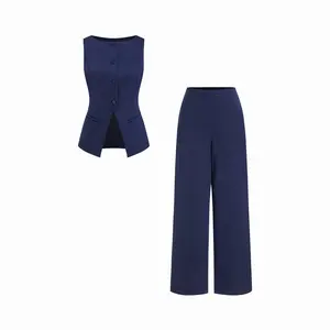 Cider Satin Boat Neck Button Front Crop Top & Mid Rise Wide Leg Trousers Set