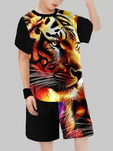 Tiger Pattern Kids Sportswear Set, Loose Fit Short Sleeves & Shorts Design, All-Season Casual Wear for Boys/girls