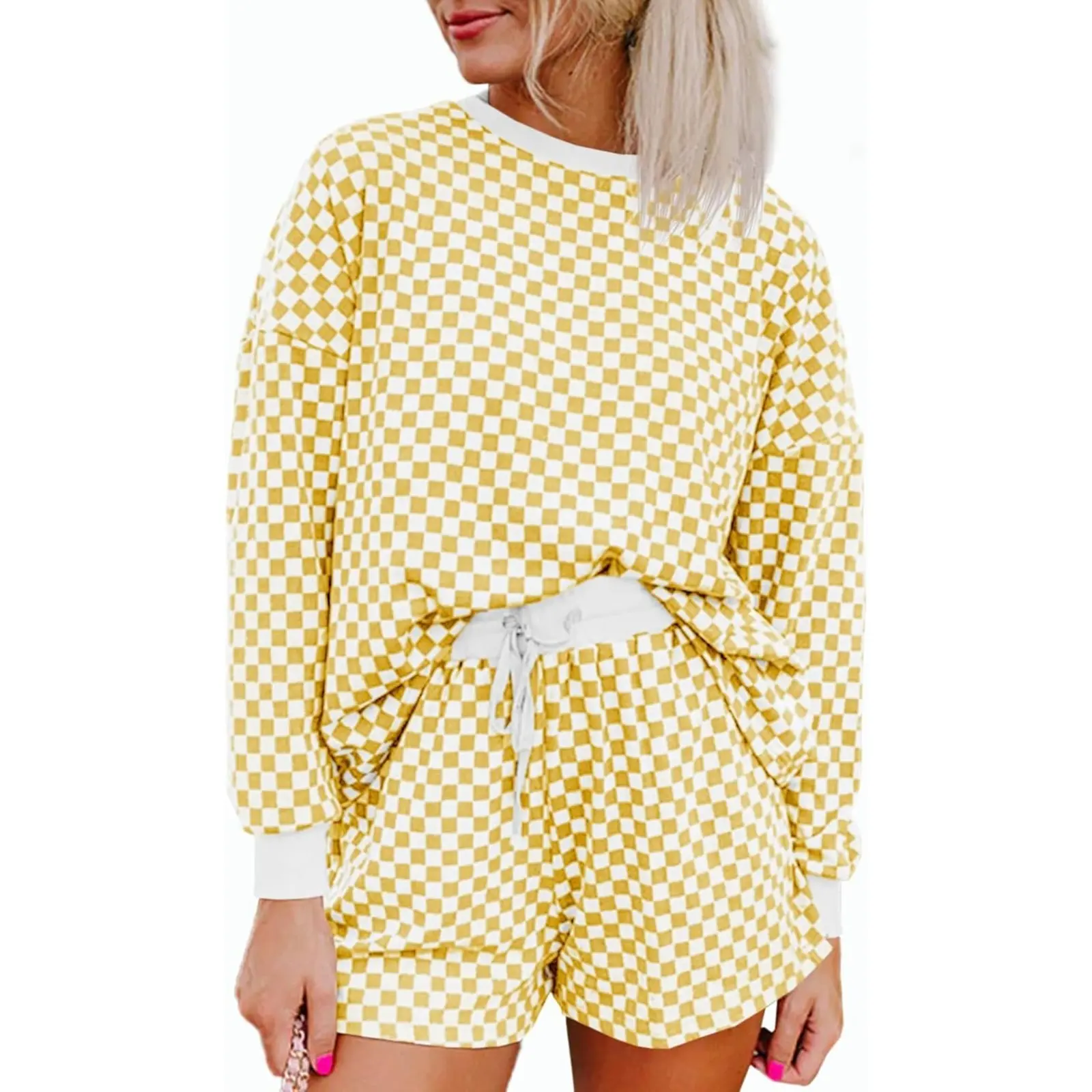 Tankaneo Women's 2-Piece Casual Loungewear Set - Oversized Longsleeve Checkered Top, Elastic Waist Shorts, Blue Checked Pajamas Sets for Lady Nightwear Clothes, Longsleeves