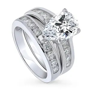 BERRICLE Sterling Silver Solitaire Engagement Rings Statement Stackable Band for Women, 3 Carat Pear Cut Cubic Zirconia CZ Ring Set