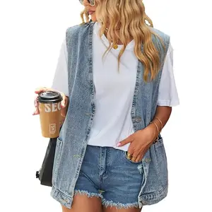 Womens Oversized Sleeveless Jean Denim Jacket Button Down Vest Top for Women Summer Waistcoat Jeans Vests Tops