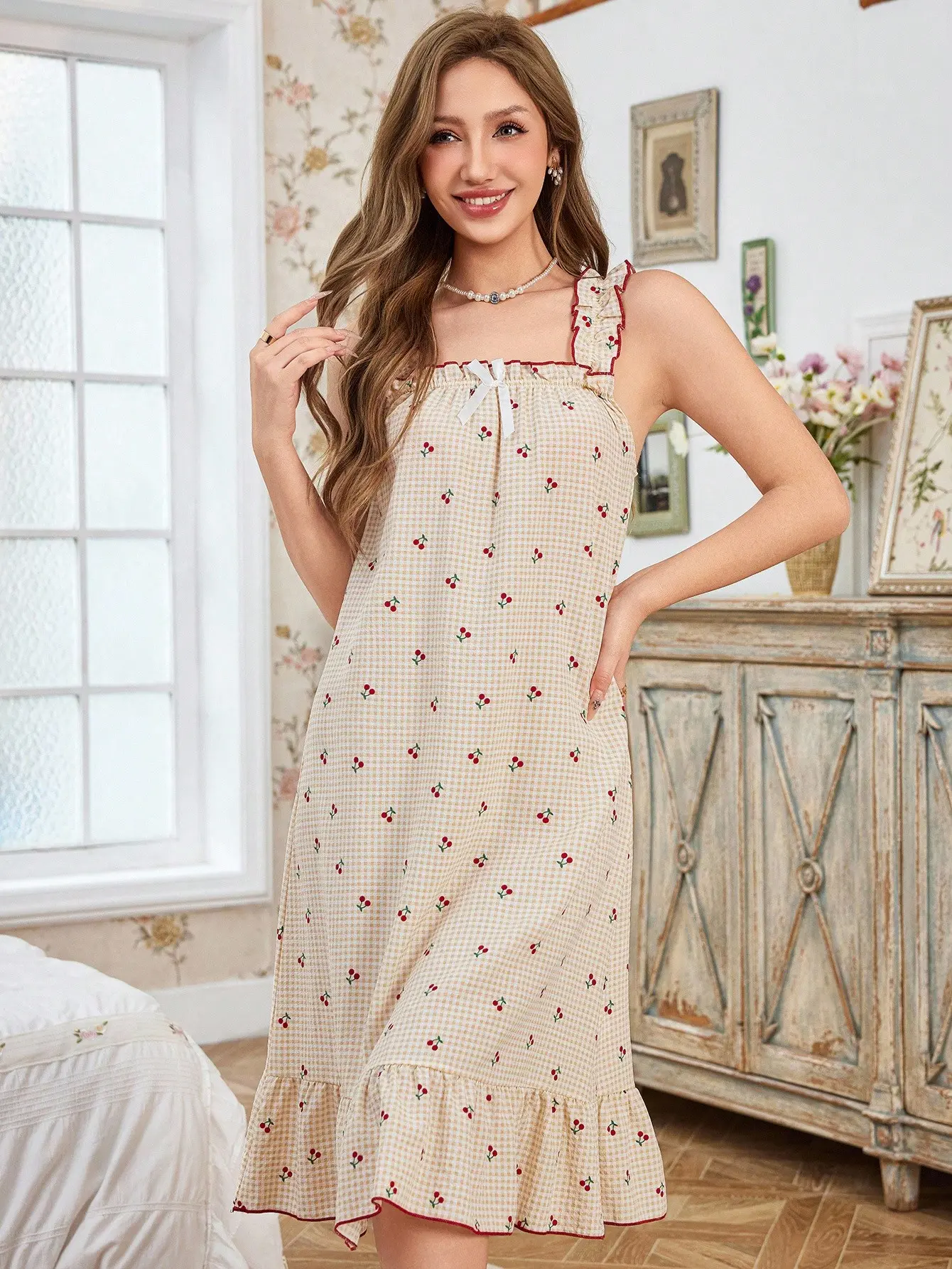 Plaid And Cherry Print Ruffle Strap Nightdress Designed For Soft Summer Home Wear And Relaxed Sleeping